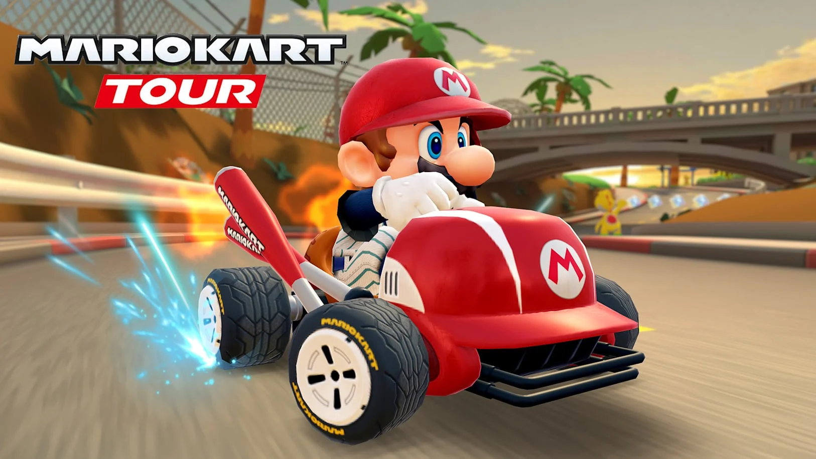 Pilotos de Mario Kart Tour correndo em uma pista inspirada em Los Angeles