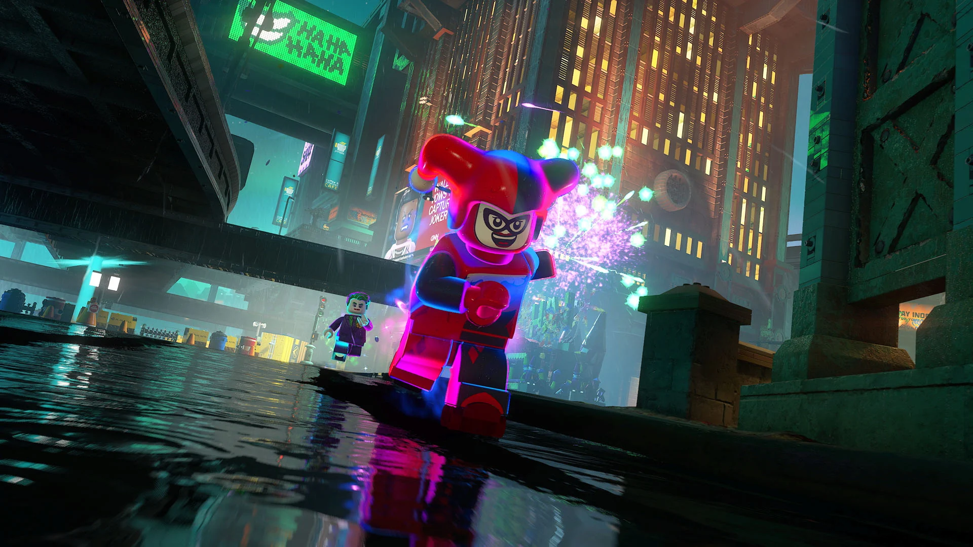 Arlequina correndo por Gotham no Mayhem Mode de LEGO Batman