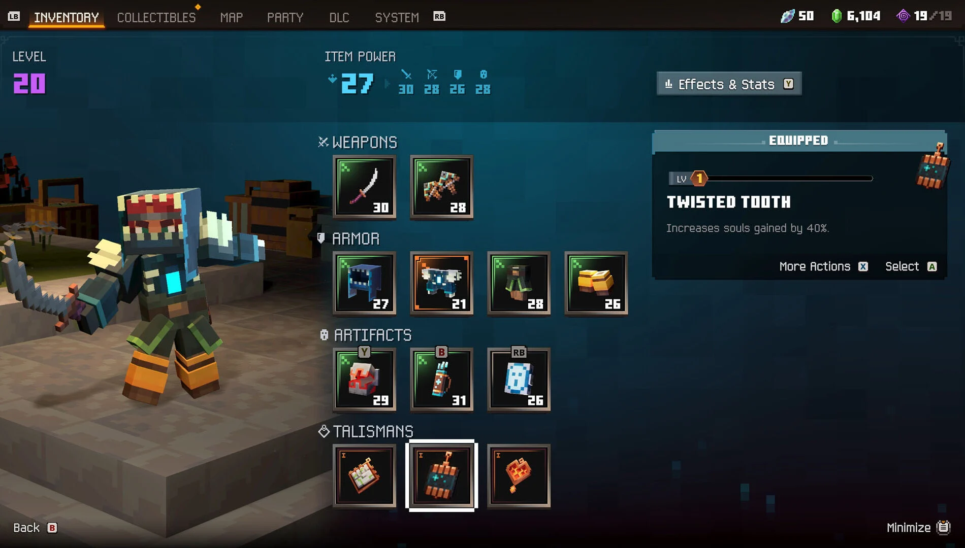 Tela de equipamentos e inventário de Minecraft Dungeons II