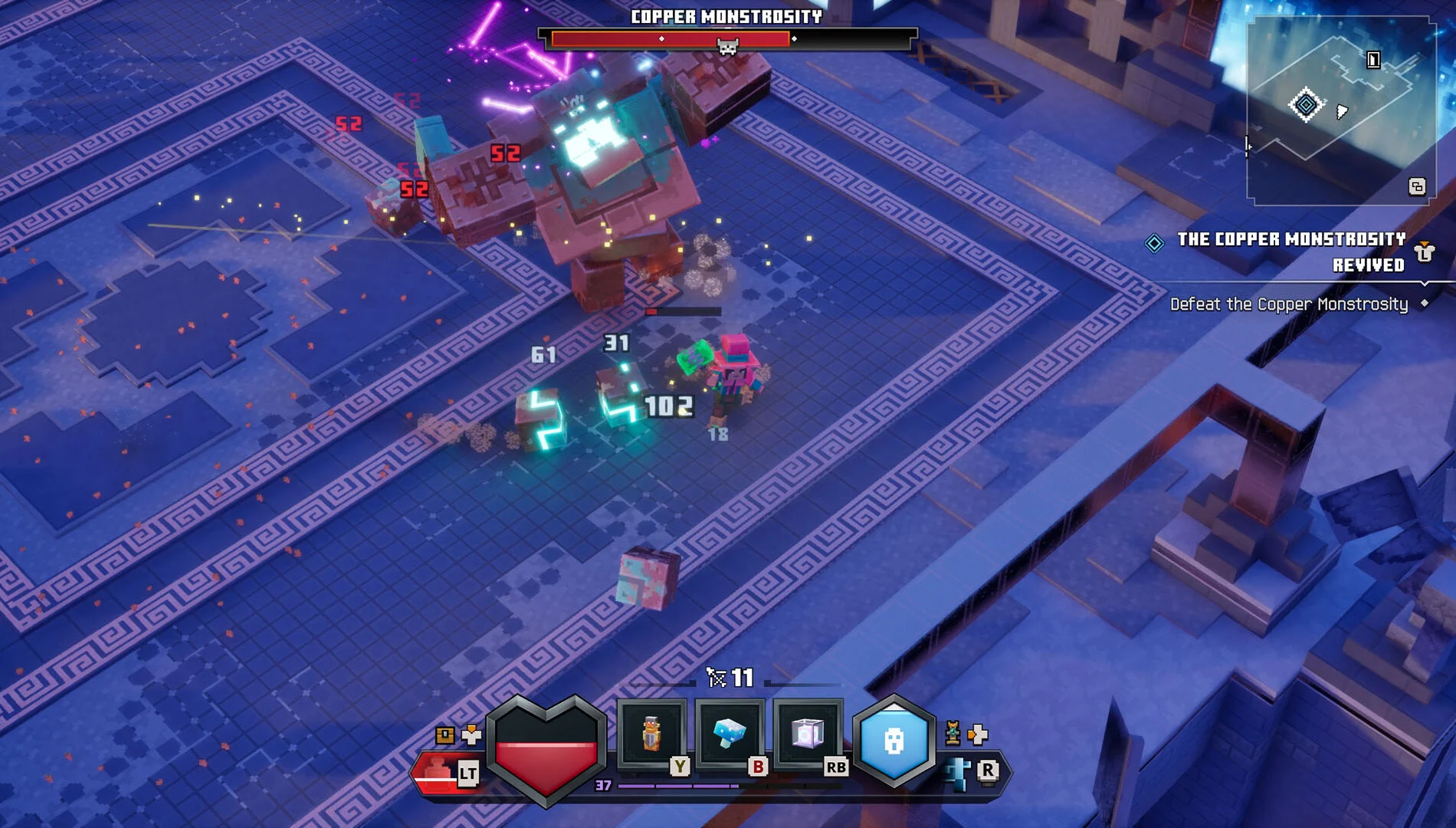 Combate contra Copper Monstrosity em Minecraft Dungeons II