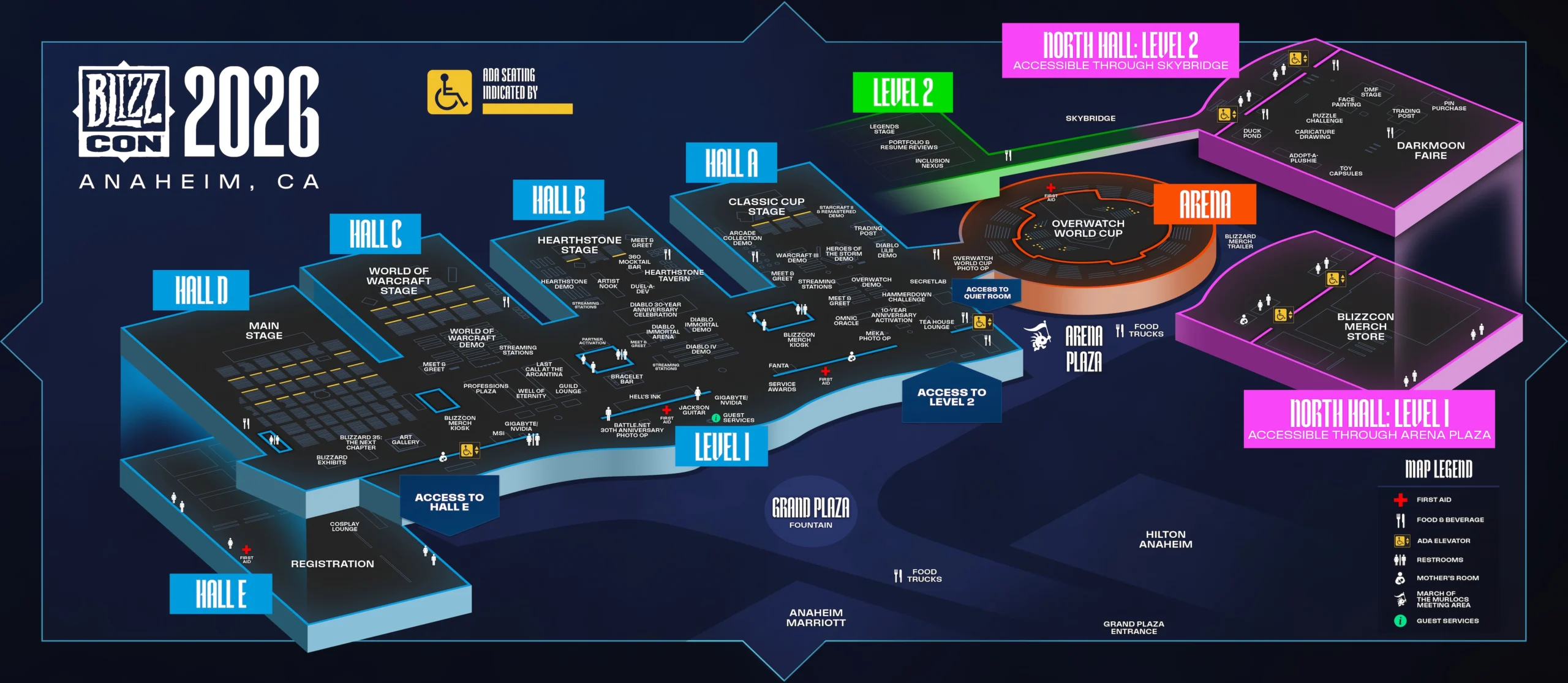 Mapa oficial da BlizzCon 2026 com áreas ainda não reveladas