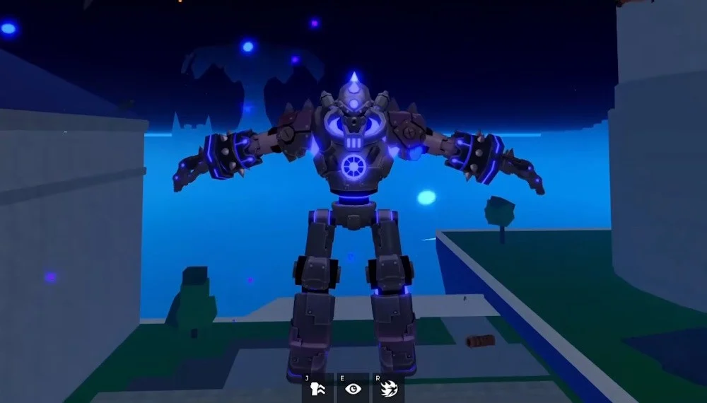 Transformação Maximum Overdrive da Magnet Fruit em Blox Fruits, com personagem dentro de um grande robô