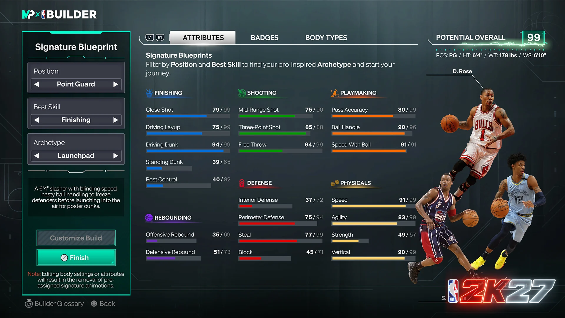 Tela de criação de build no MyPLAYER Builder de NBA 2K27