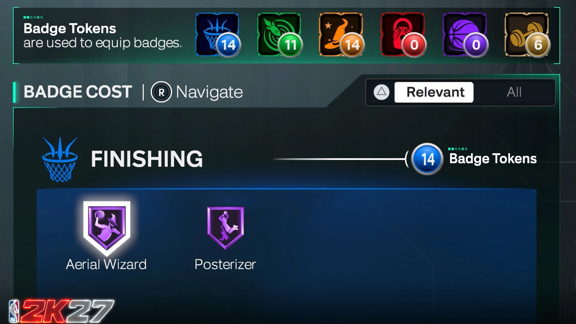 Badge Tokens e badges disponíveis no MyPLAYER Builder de NBA 2K27