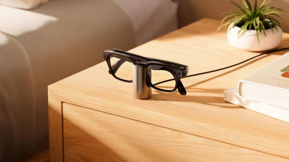 Meta Glasses apoiados sobre base de carregamento em uma mesa