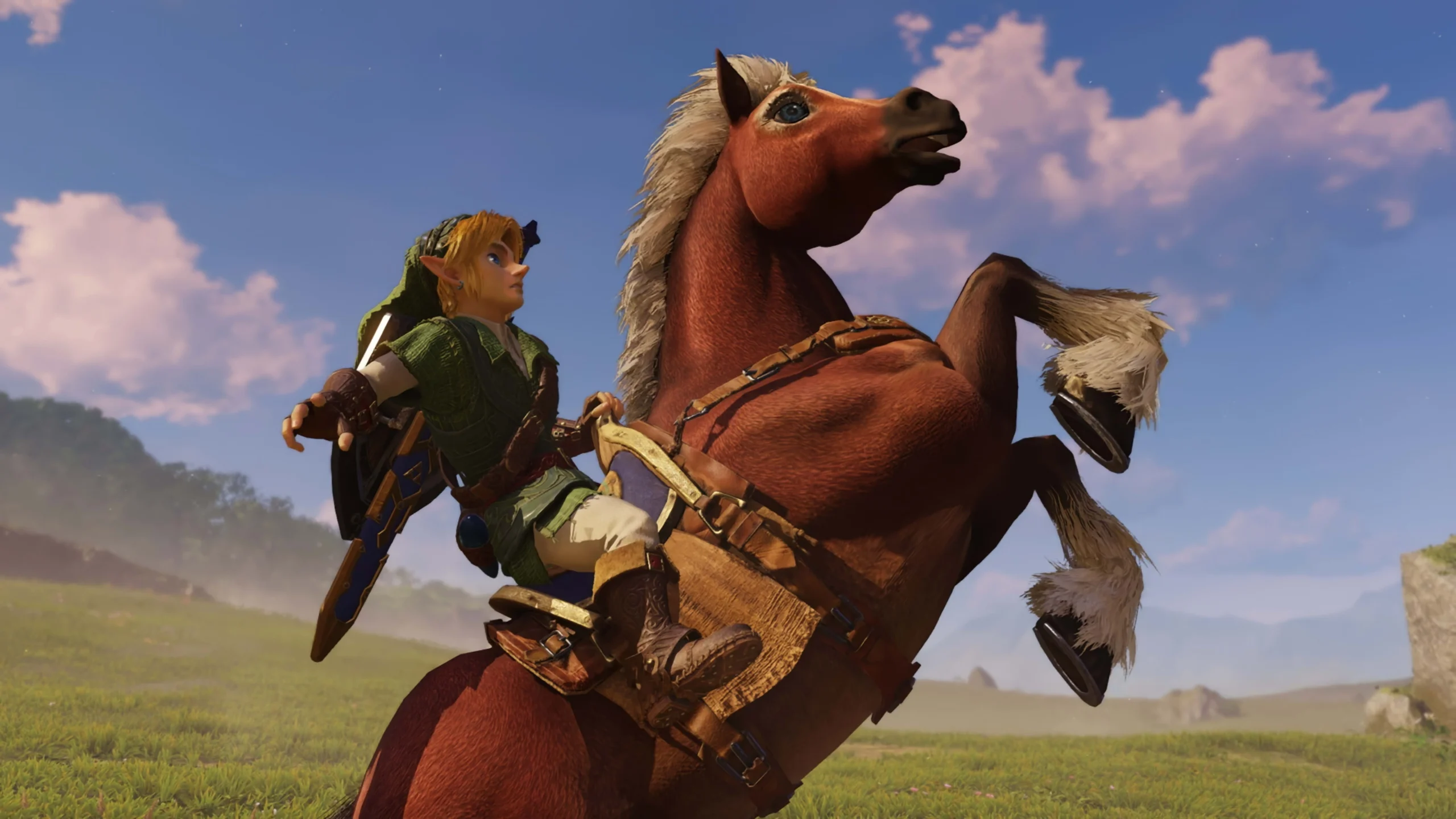 Link montado em Epona no Campo de Hyrule no remake de Ocarina of Time