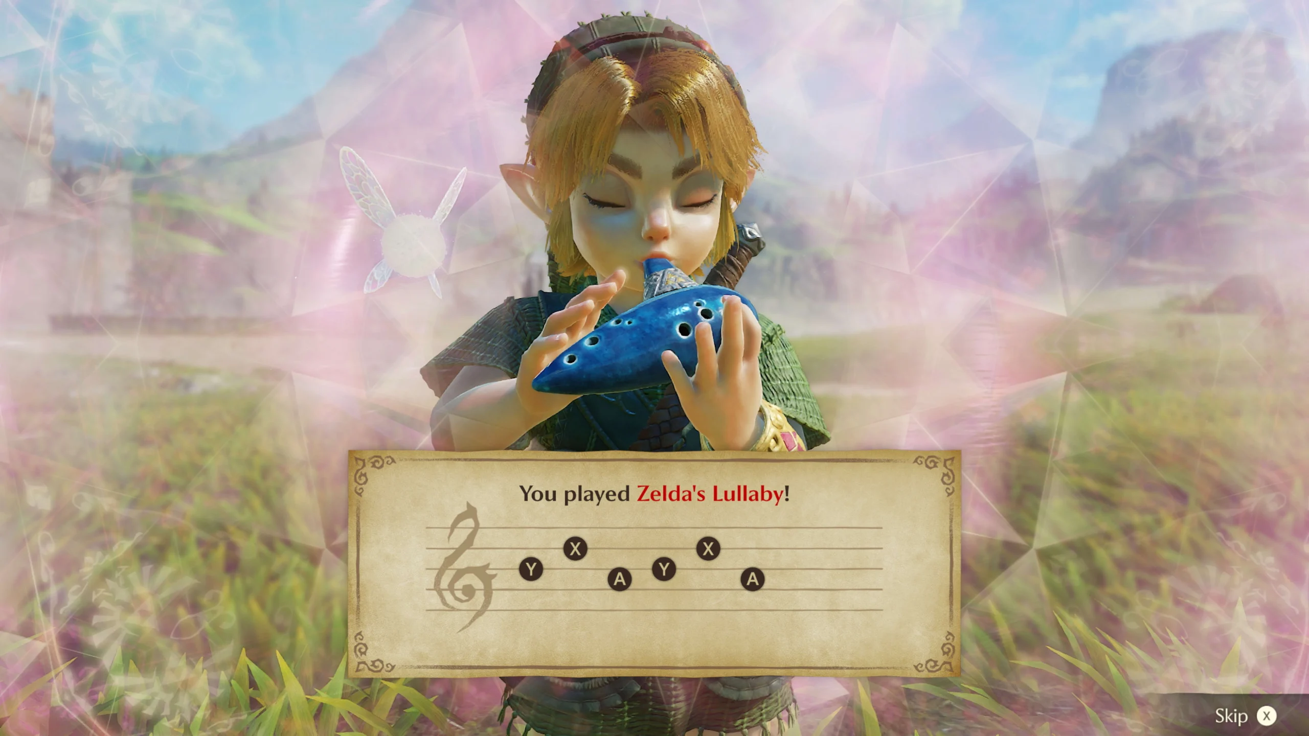 Link tocando a Ocarina do Tempo acompanhado de Navi