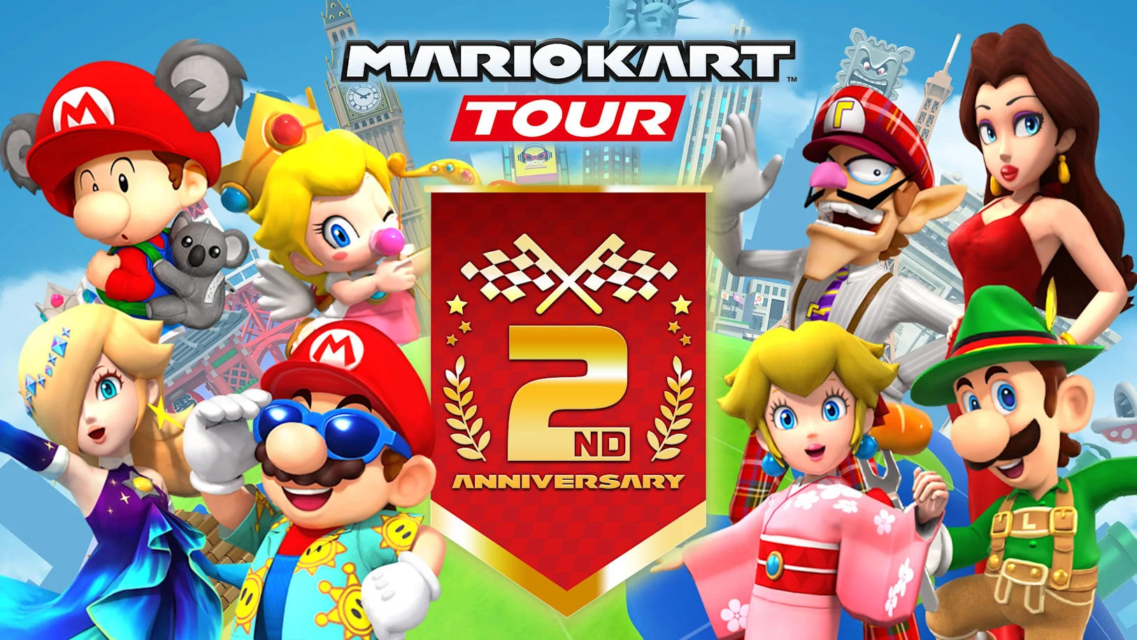 Mario e outros pilotos em Mario Kart Tour durante uma temporada comemorativa