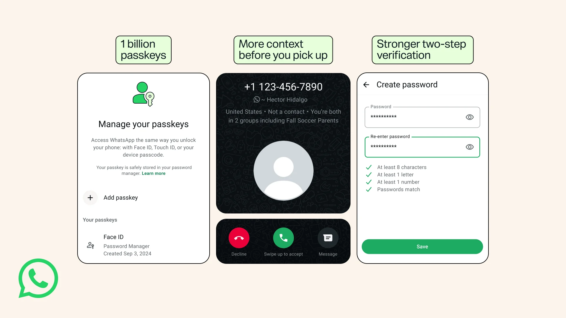 Telas de recursos de segurança do WhatsApp exibidas em celulares
