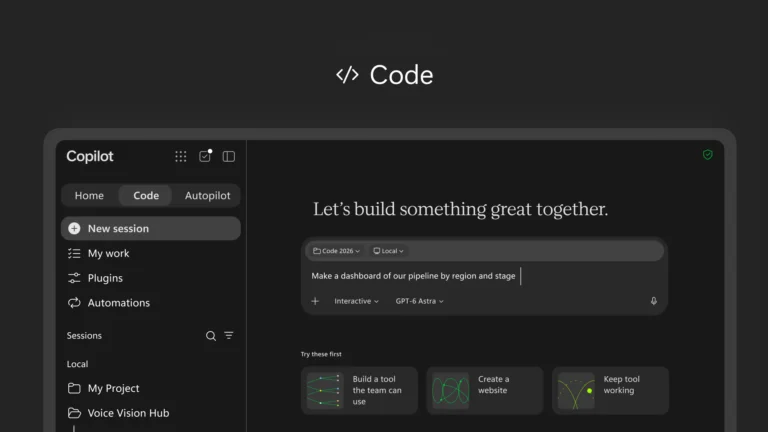 Interface do Copilot Code para criação de aplicativos e automações com inteligência artificial