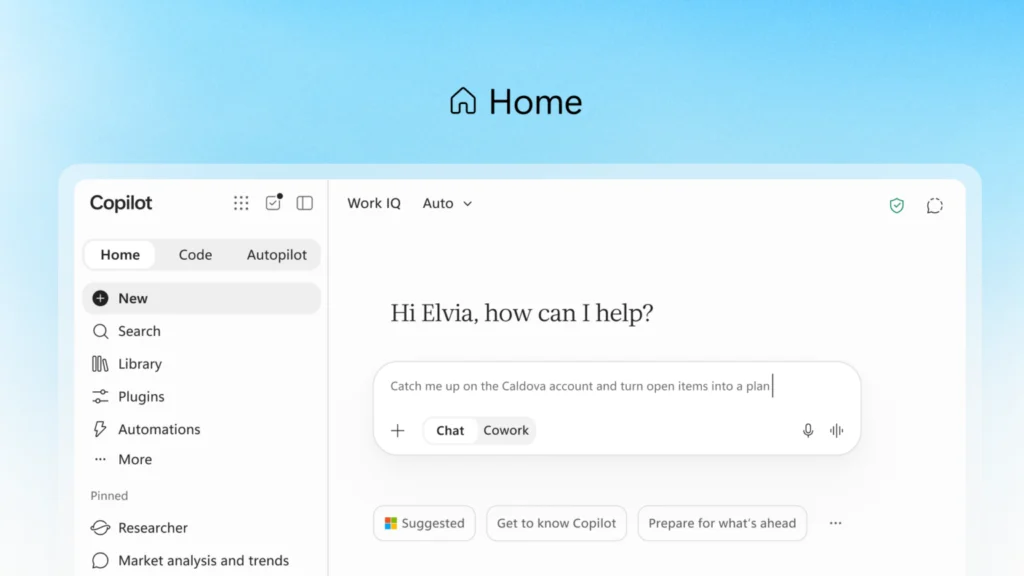 Área Home do novo Microsoft Copilot com Chat, Cowork e integração ao Office