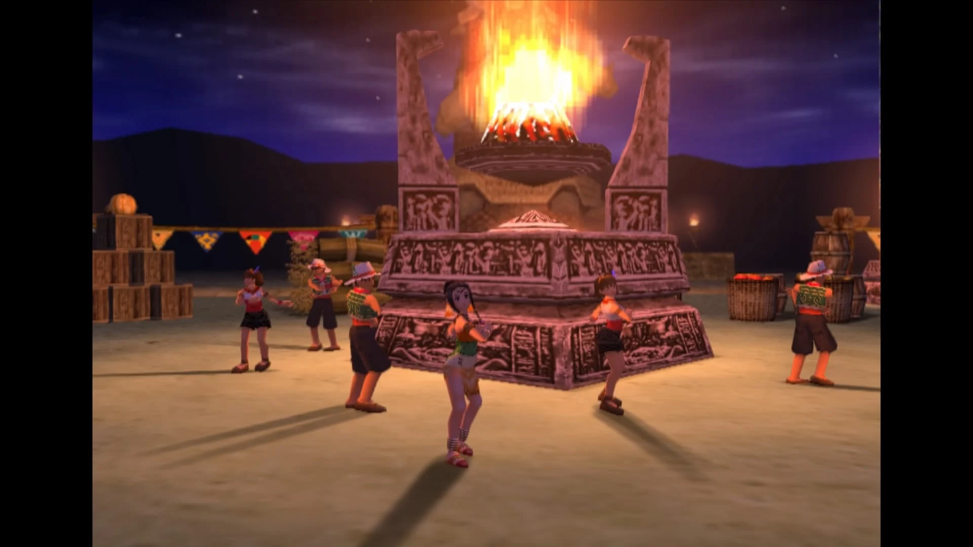 Personagens de Dark Cloud se reúnem ao redor de uma estrutura com fogo em uma cena noturna.