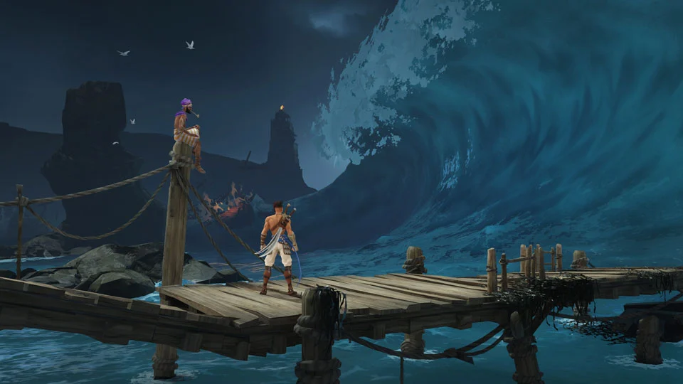 Sargon diante de uma grande onda em Prince of Persia The Lost Crown