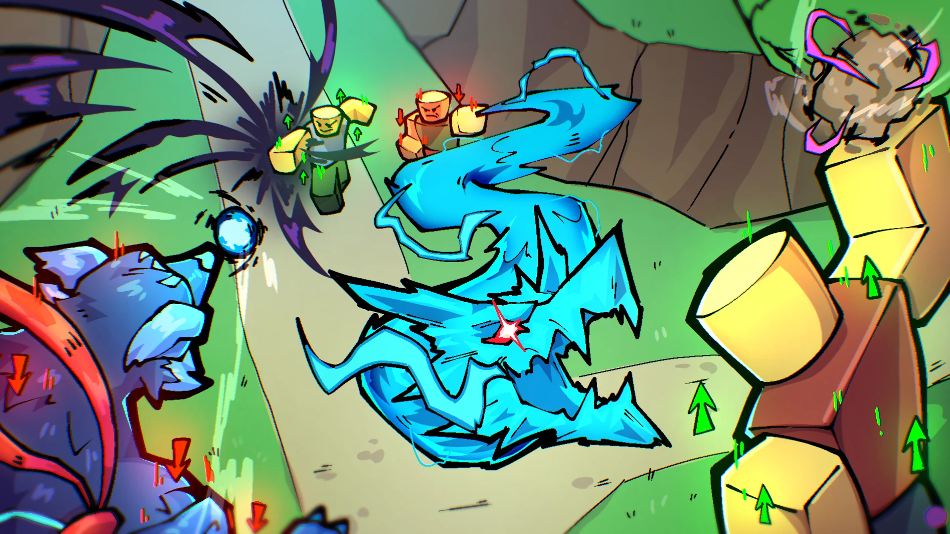 Arte oficial do Balance Patch 001 de Blox Fruits com personagens em combate
