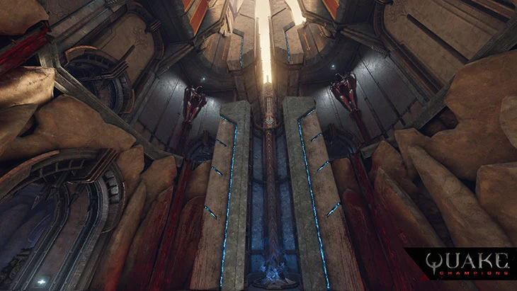 Personagem em arena de combate de Quake Champions