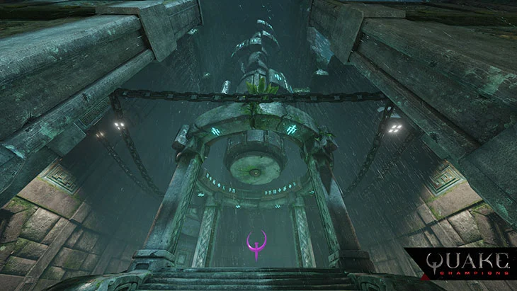 Arena de Quake Champions com arquitetura de pedra e símbolo de Quake