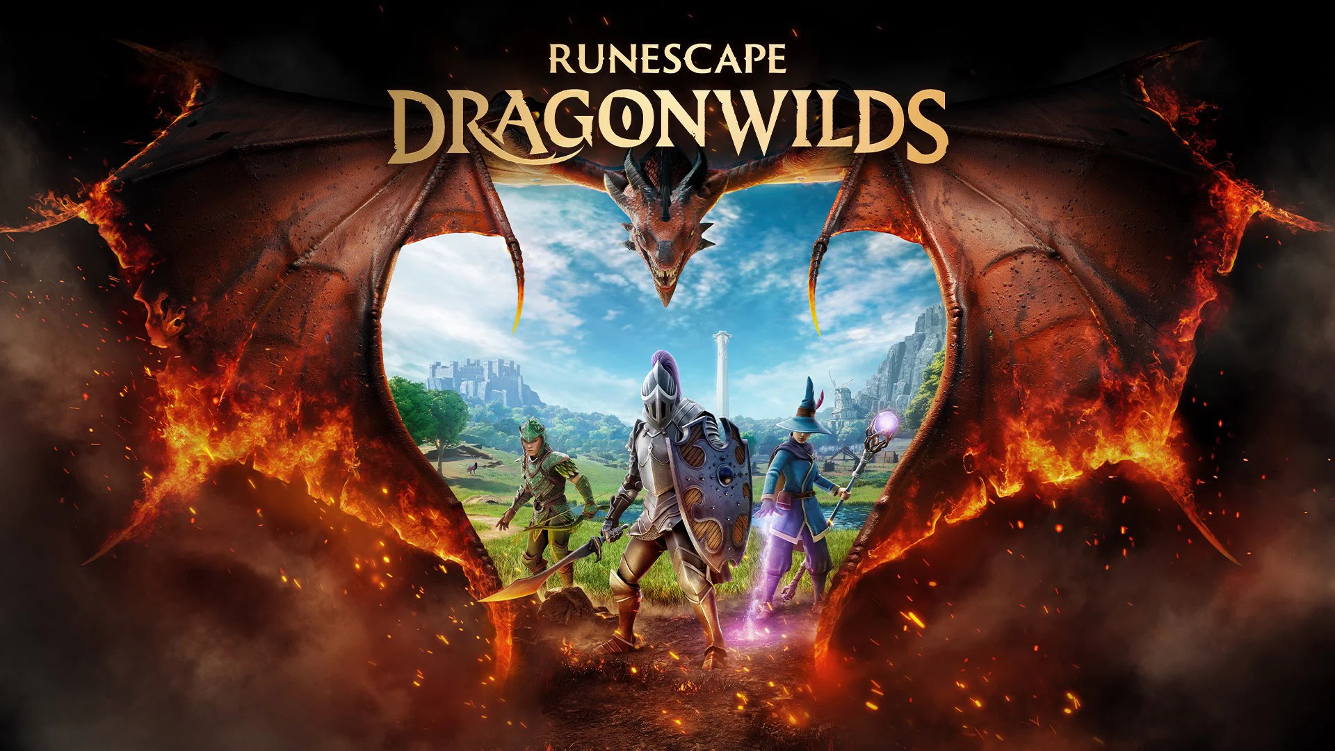 Dragão sobrevoando ruínas na arte de RuneScape: Dragonwilds