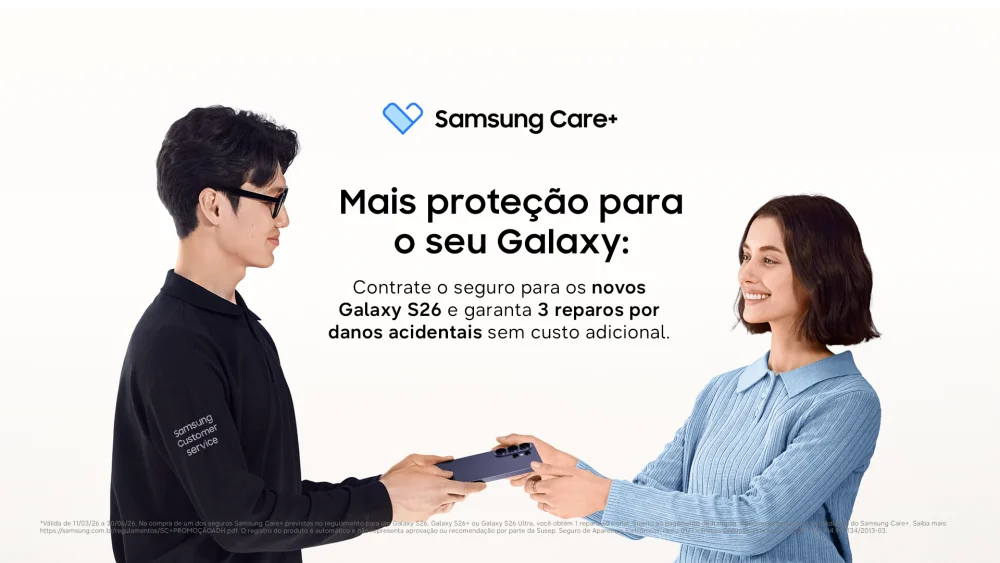 Campanha promocional do Samsung Care Plus para Galaxy S26 com três reparos