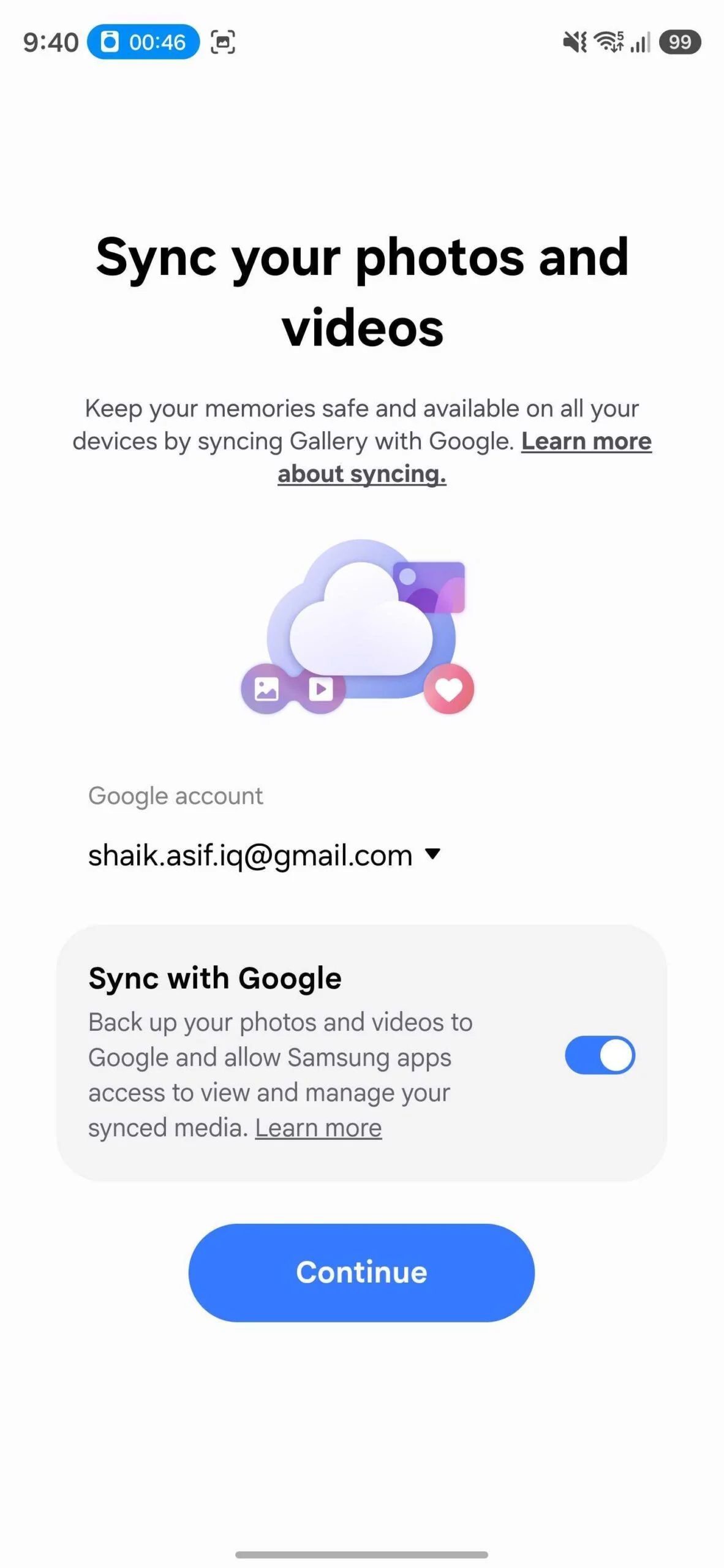 Tela da Galeria Samsung mostrando a opção Sync with Google ativada