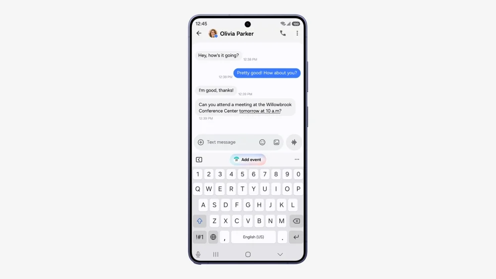 Now Nudge da One UI 9 sugerindo adicionar um evento durante uma conversa