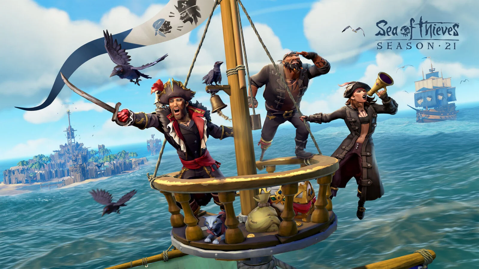 Tripulação de piratas navegando em Sea of Thieves durante a Temporada 21