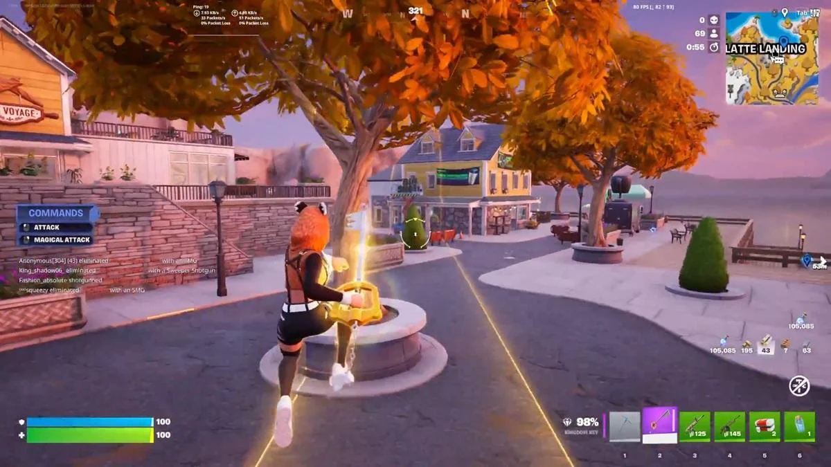 Jogador mirando o ataque mágico da Kingdom Key no Fortnite