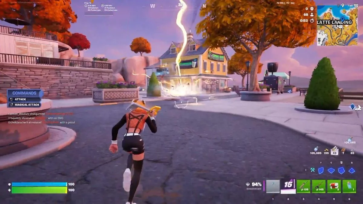 Raio do ataque mágico da Kingdom Key atingindo o cenário no Fortnite