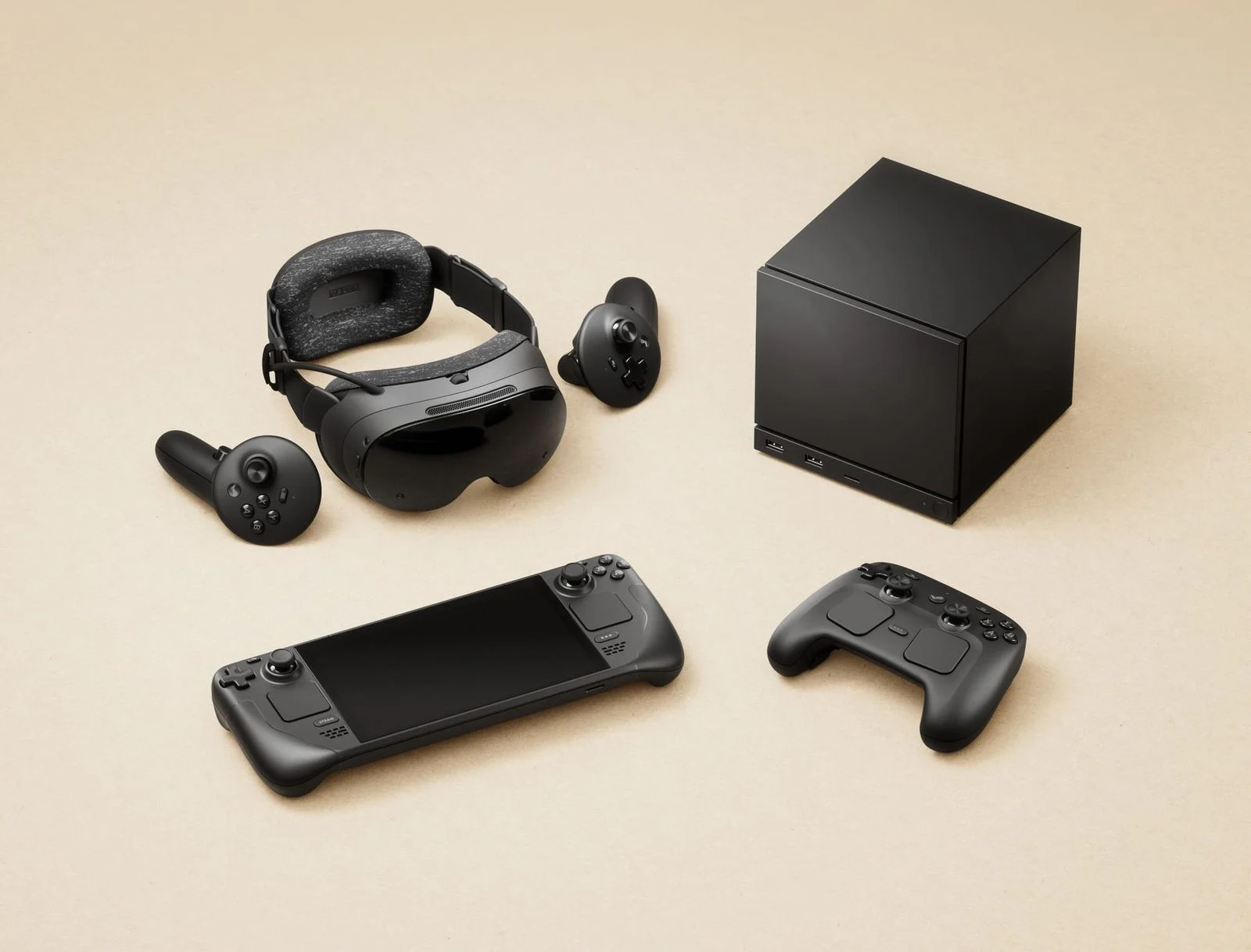 Steam Frame ao lado do Steam Machine, Steam Deck e Steam Controller