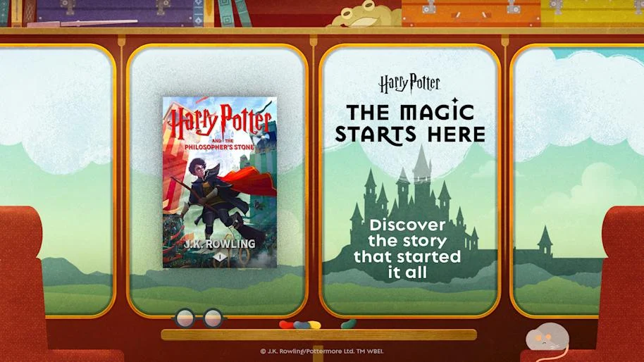 Campanha The Magic Starts Here de Harry Potter com o livro A Pedra Filosofal