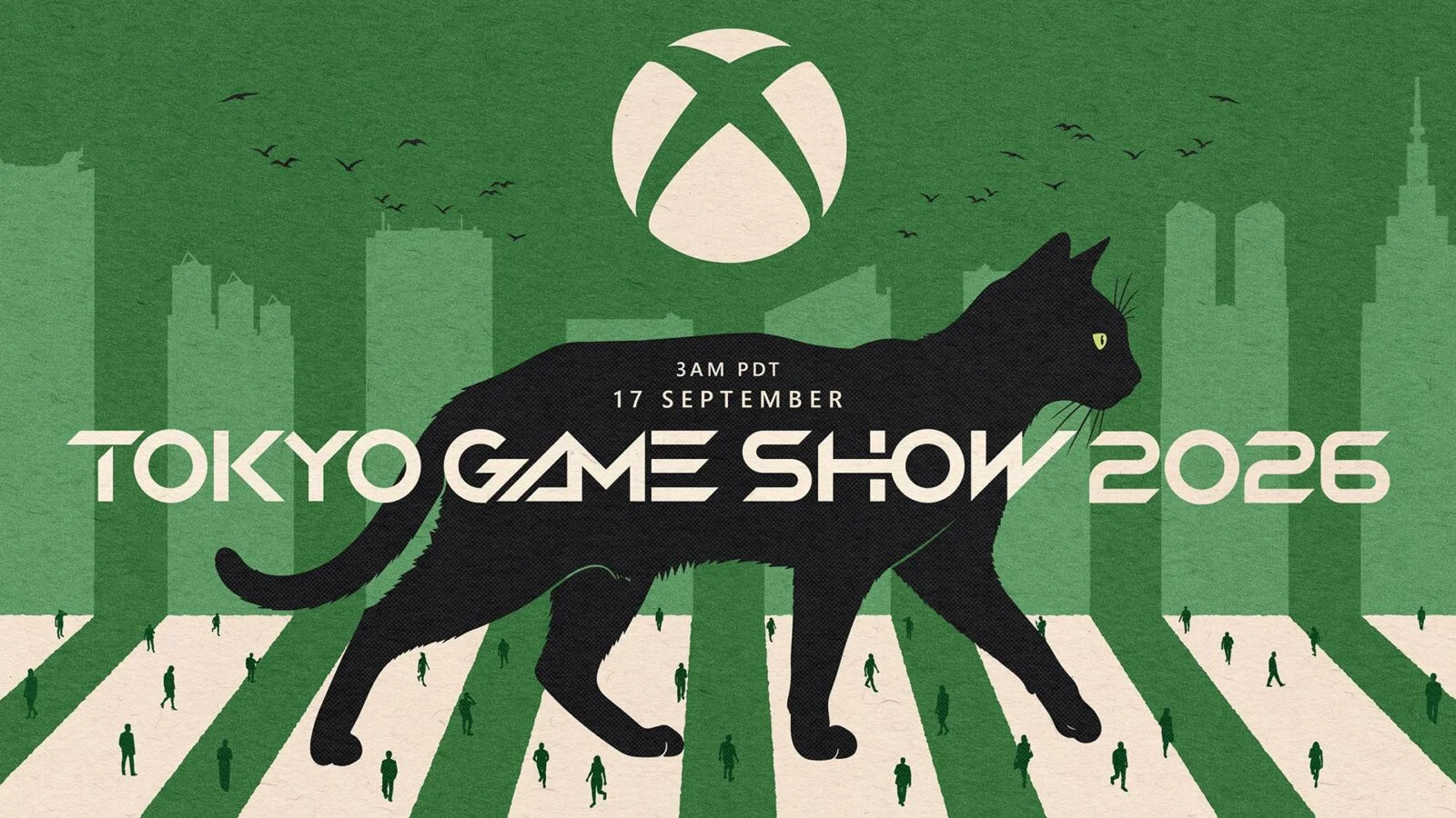 Arte do Xbox para a Tokyo Game Show 2026 com um gato preto em Tóquio
