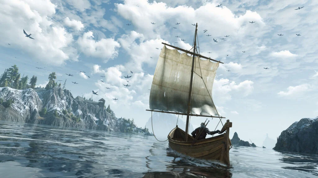 Geralt navegando em The Witcher 3 Remastered no material oficial da versão Xbox