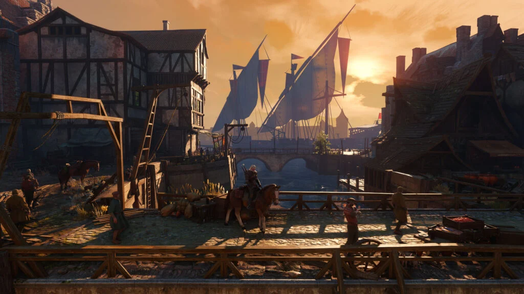 Novigrad em The Witcher 3 Remastered mostrando a nova iluminação da cidade