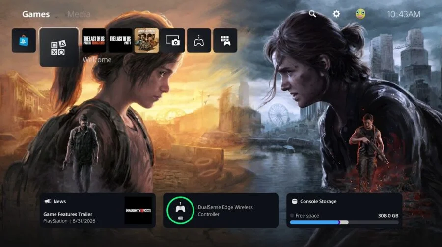 Wallpaper de The Last of Us no Hub de Boas-vindas do PS5 com Ellie, Joel e Abby