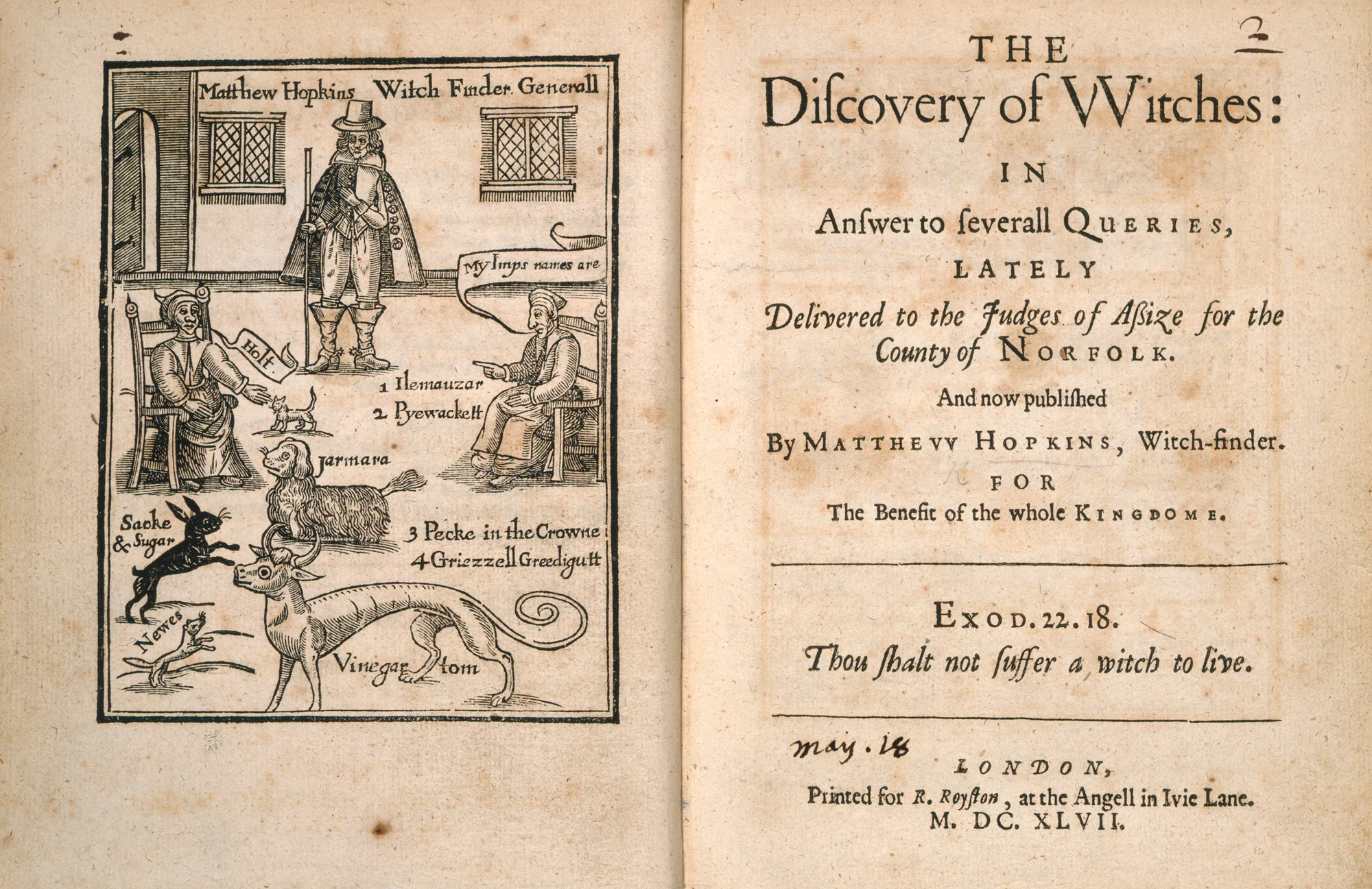 Frontispício e página de título de The Discovery of Witches, publicado por Matthew Hopkins em 1647