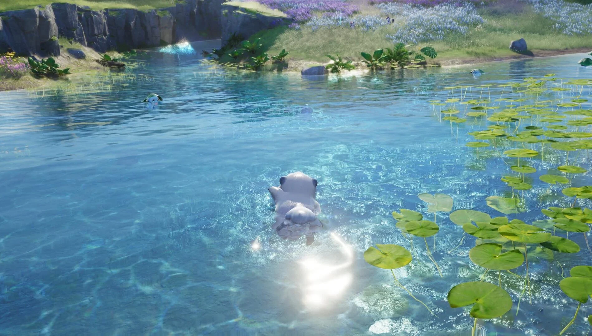 Personagem transformado em criatura de Aniimo nadando em um lago