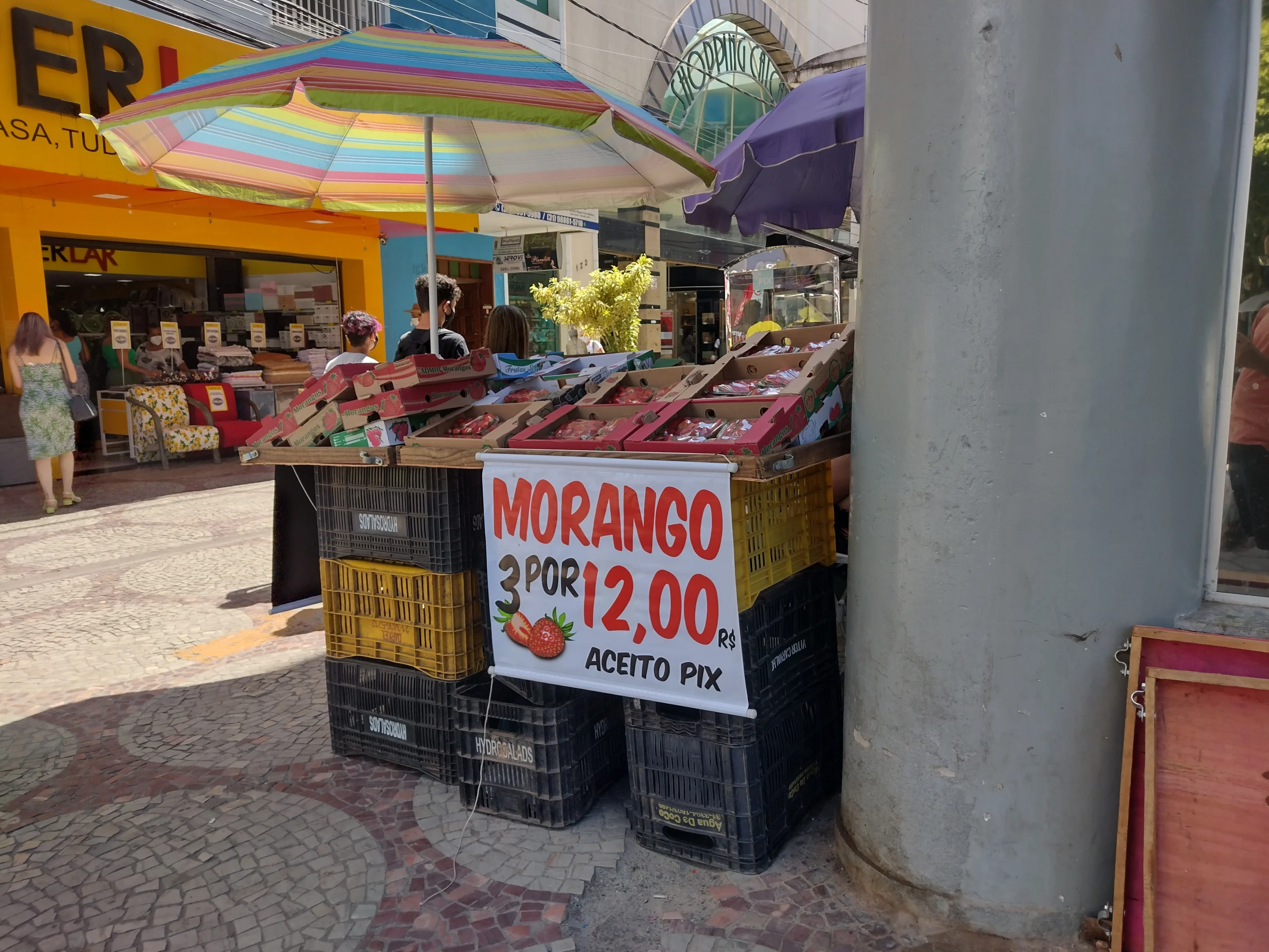 Banca de morangos com placa informando que aceita Pix