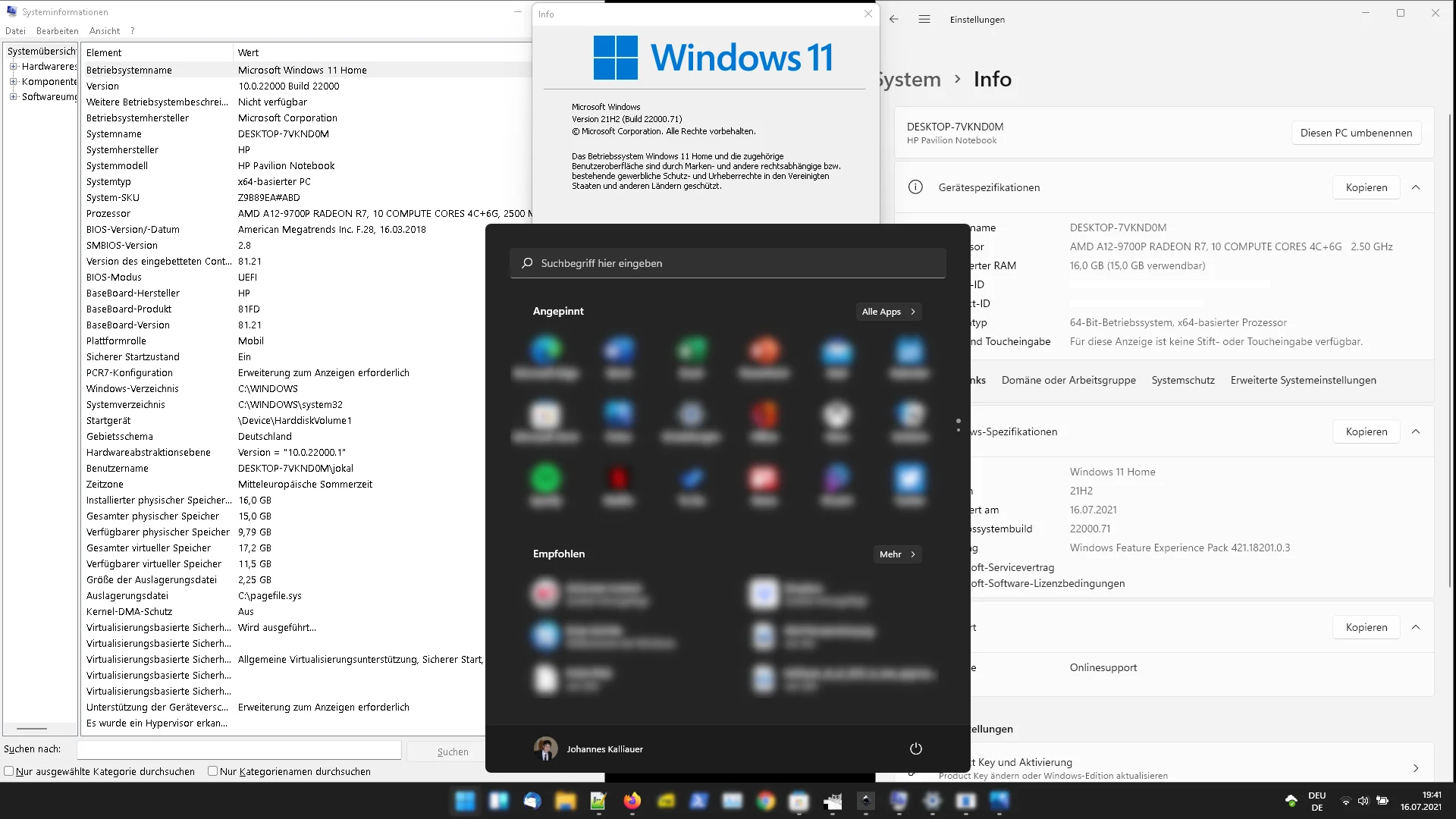 Área de trabalho do Windows 11 com menu Iniciar e informações do sistema