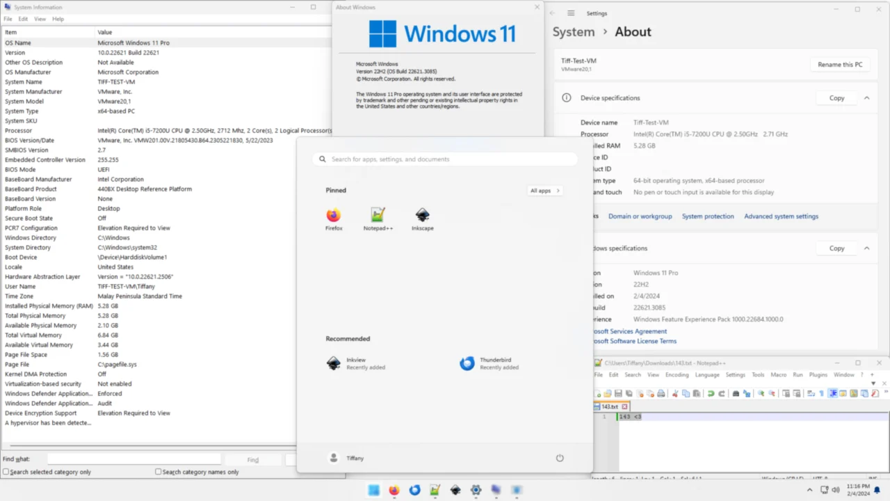 Interface do Windows 11 com Configurações e menu Iniciar abertos
