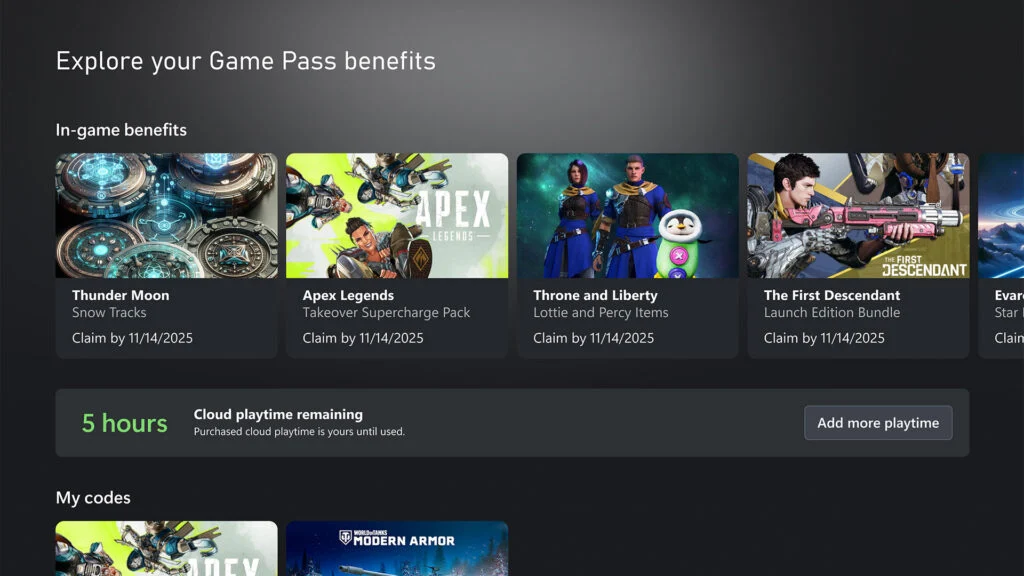Tela do Xbox mostrando cinco horas restantes de jogo na nuvem e botão para adicionar mais tempo