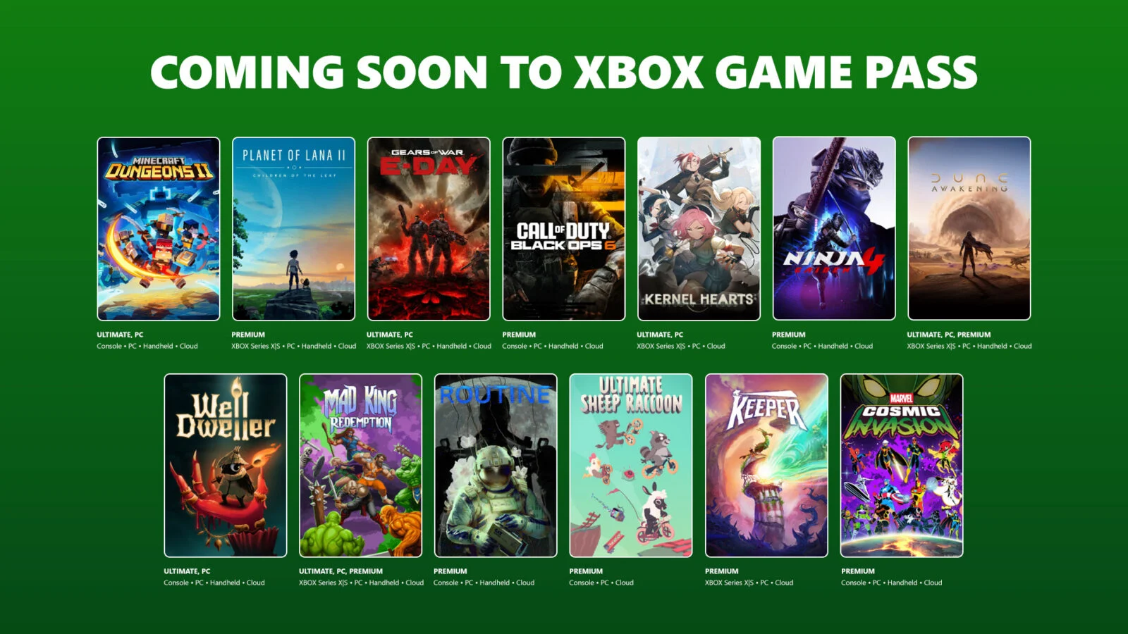 Jogos da segunda leva do Xbox Game Pass de setembro de 2026, incluindo Gears of War E-Day, Dune Awakening e Minecraft Dungeons II