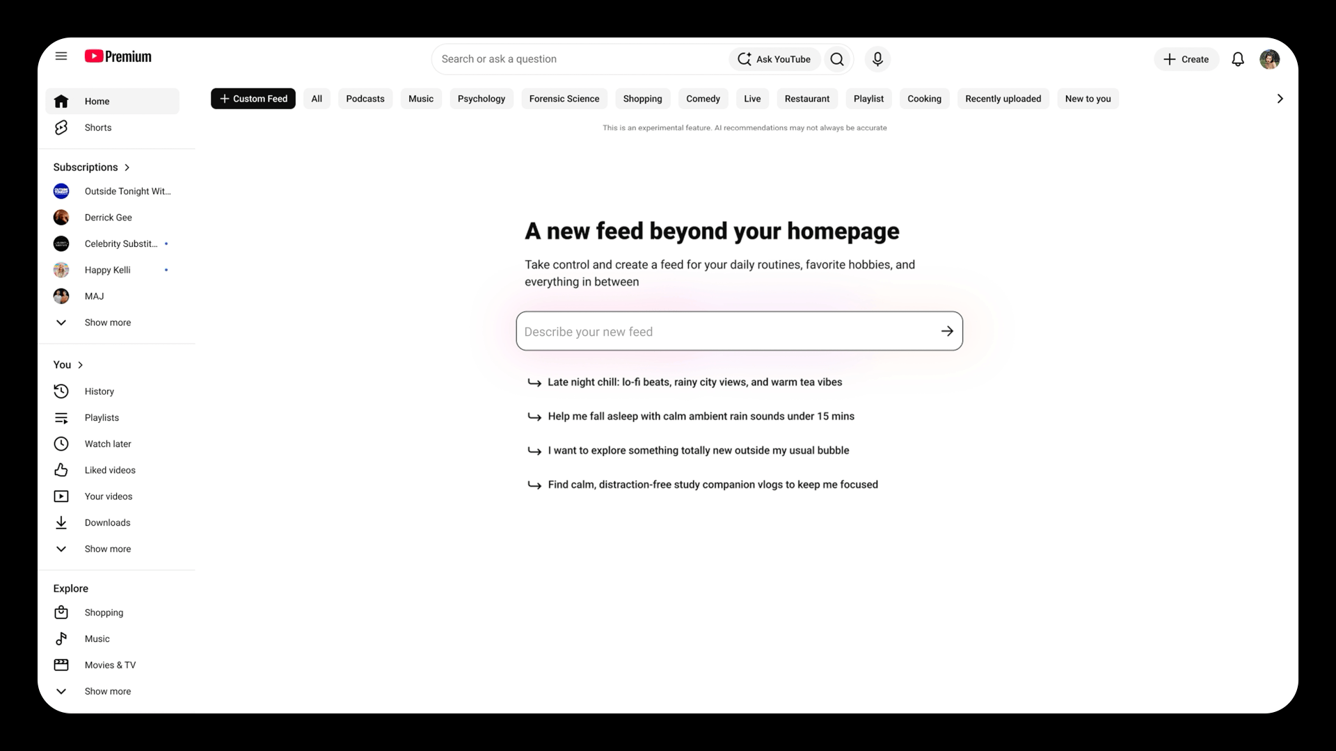 Interface do Custom Feeds do YouTube criando um feed personalizado na página inicial