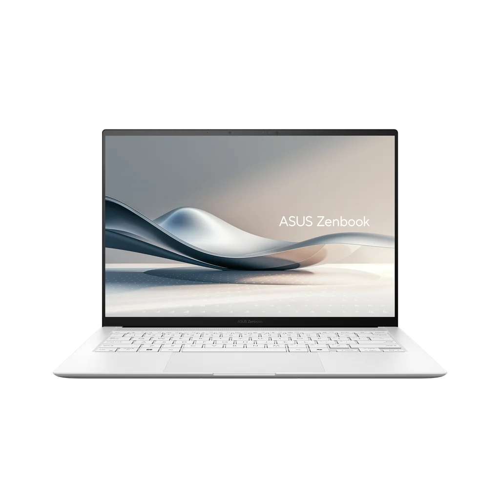 ASUS Zenbook S 14 branco aberto de frente, ultrafino OLED premium citado no comparativo de marcas de notebook de 2026