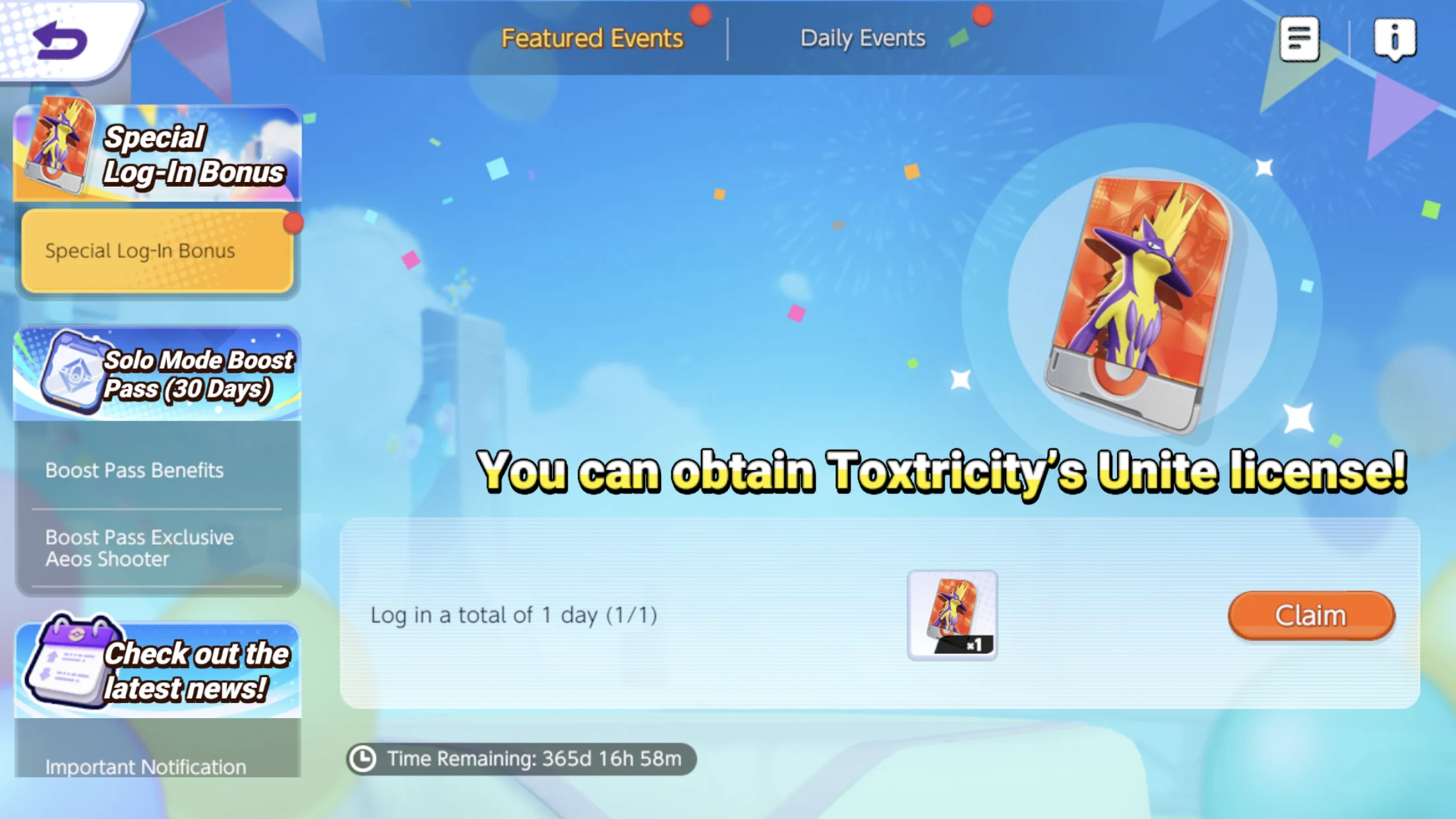 Tela para resgatar Toxtricity grátis no Pokémon UNITE