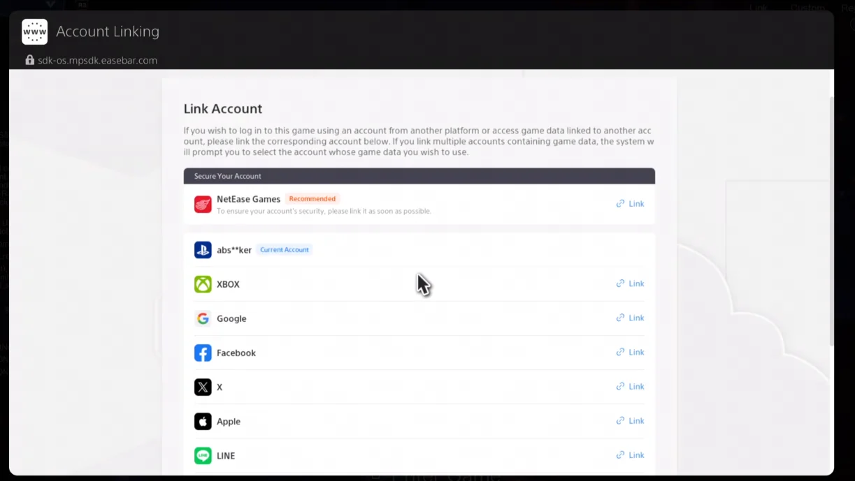 Página de vinculação de Once Human com contas NetEase, PlayStation e Xbox