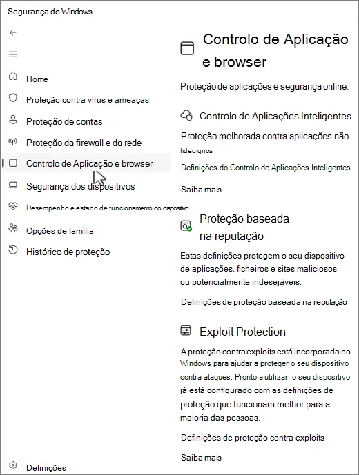 Controle de aplicativos e navegador na Segurança do Windows