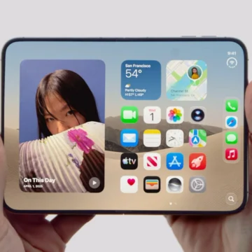 Aberto, o iPhone Duo ganha uma interface semelhante à de um pequeno tablet. Imagem: Reprodução/Apple.