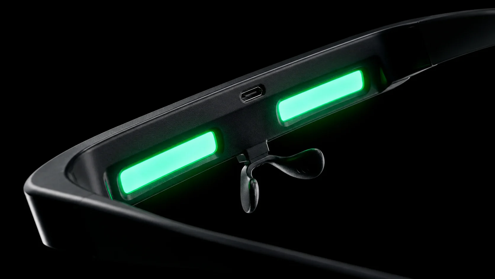 Detalhe dos LEDs verdes do óculos AVA Circadian