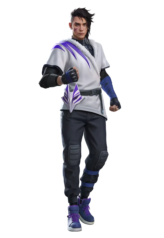Arte oficial de Koda, personagem de Free Fire com roupas brancas e detalhes roxos