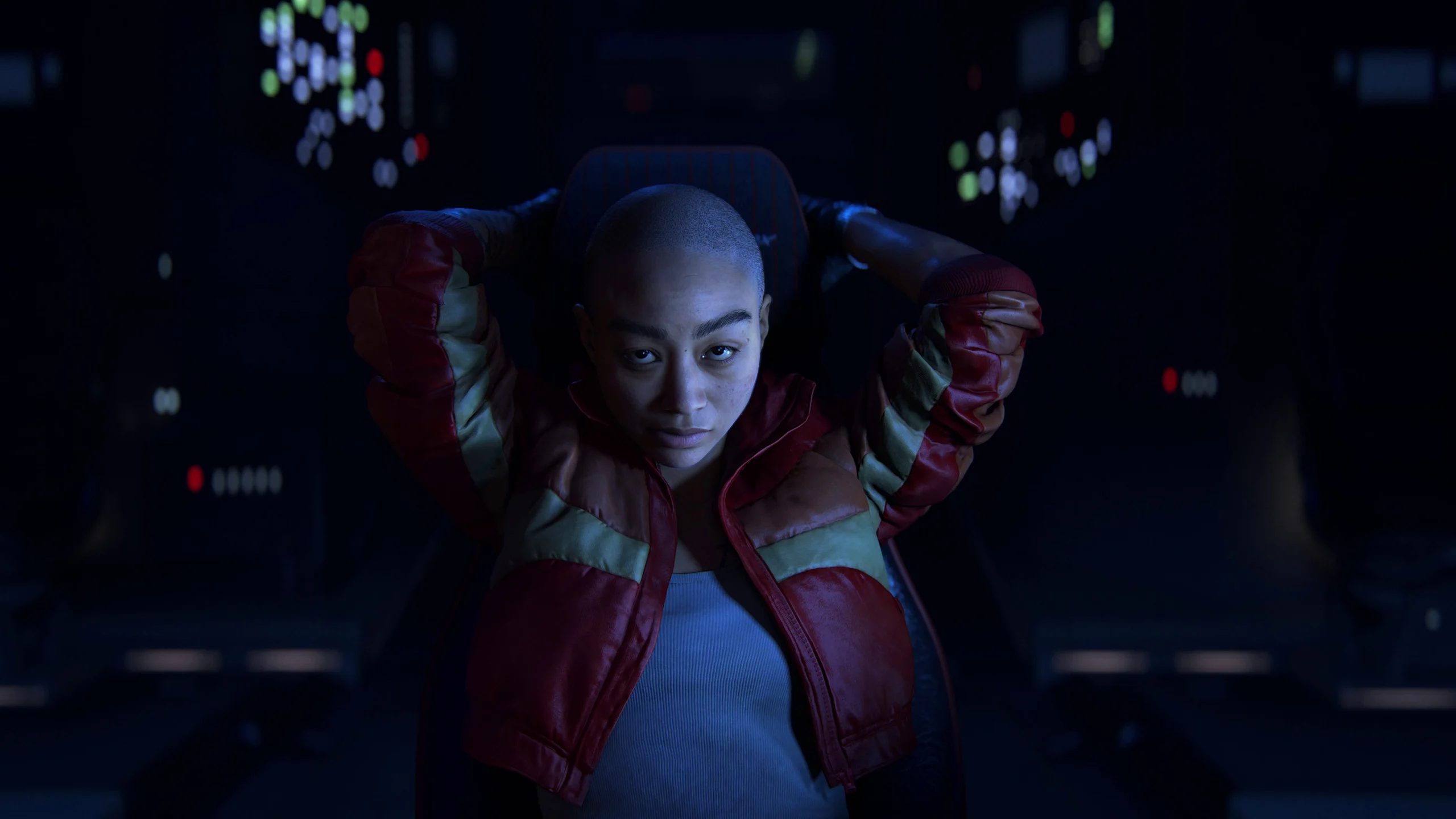 Jordan A. Mun sentada na cabine de sua nave em Intergalactic: The Heretic Prophet