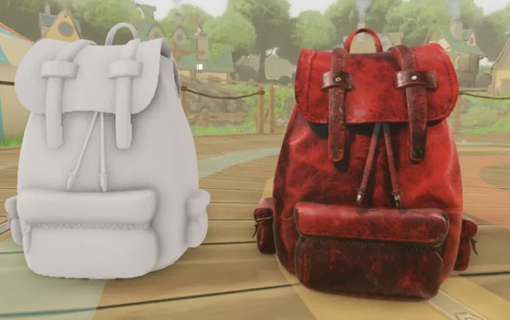 Exemplo de objeto antes e depois do uso de ferramenta de textura com inteligência artificial no Roblox